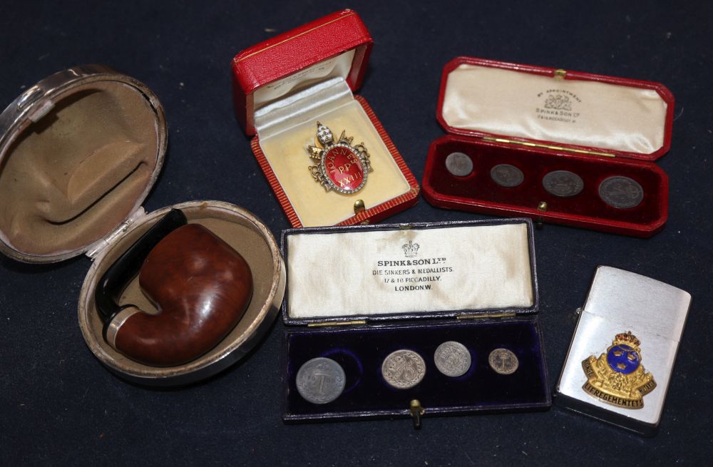 A 1901 Maundy set, cased, a 1902 part set (with1904 fourpence), cased, a 9ct gold small religious pendant and three other items,